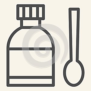 Medical Syrup line icon. Medicine bottle and measuring spoon outline style pictogram on white background. Cough mixture