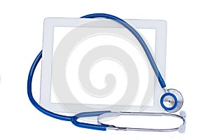 Medical tablet with blue stethoscope