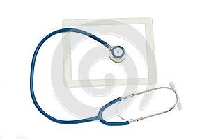 Medical tablet and blue stethoscope