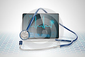 Medical tablet on futuristic background