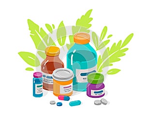 Medical tablets and capsules in bottles. Prescription drugs, medical pharmacy supplements vector illustration