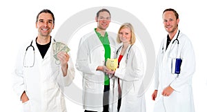 Medical team with money, book and piggy bank