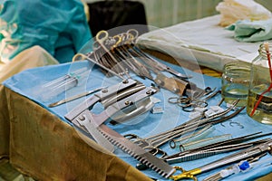 Medical team performing operation close up of medical instruments for operation