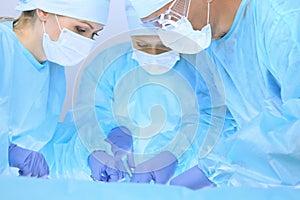 Medical team performing operation. Three of surgeons at work are busy of patient. Medicine, veterinary or healthcare and