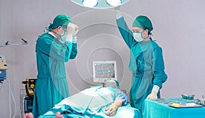 Medical team performing a surgical operation in the operating Room, Concentrated surgical team operating a patient