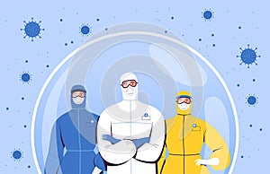 Medical team in protective suits, goggles and masks from the new coronavirus COVID-2019 are in a protective bubble. The