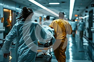 Medical Team Rushing Patient Through Hospital Corridor.