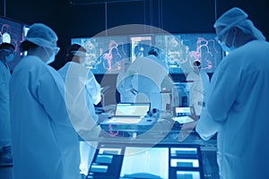 Medical team with surgical masks working in a high-tech laboratory