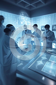 Medical team with surgical masks working in a high-tech laboratory