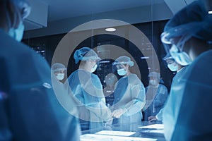 Medical team with surgical masks working in a high-tech laboratory