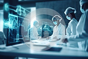 Medical team with surgical masks working in a high-tech laboratory