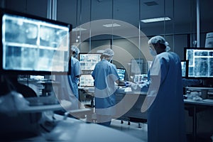 Medical team with surgical masks working in a high-tech laboratory