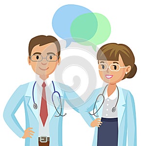 Medical team. Two doctors with stethoscopes, man and woman.