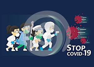 Medical team wearing protection suites fight against covid-19 virus or coronavirus. Character