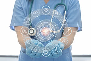Medical tech science, ai health technology with surgical doctor on telehealth, telemedicine and iot global healthcare