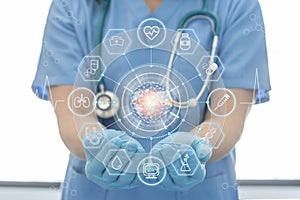 Medical tech science, ai health technology with surgical doctor on telehealth, telemedicine and iot global healthcare photo