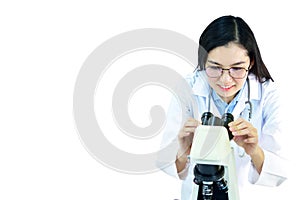 Medical technologist working with microscope photo