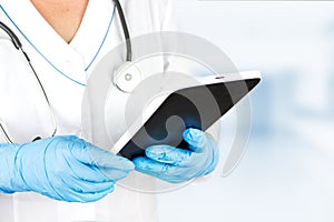 Medical technology concept. Medicine doctor touching electronic medical record on tablet. Medical network connection