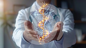 Medical technology. Doctor holding patient\'s DNA hologram in his hands, electronic medical record. healthcare technology