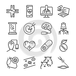 Medical Technology line icon set. Included the icons as online doctor nano capsule, nano robot, clone, digital brain and more.