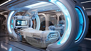 Medical technology with robotic assisted surgery in operating room with treatment beds. Sci fi futuristic interior