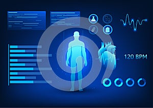 Medical technology A screen that projects a hologram of the human body showing heart rate information. The work of the heart
