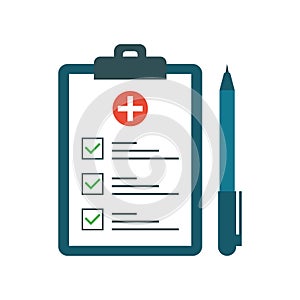 Medical test with pen in flat style. Questionnaire on a clipboard paper. Medical form list with test results, insurance photo