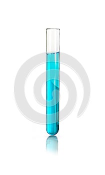 Medical test tube with blue liquid isolated on white