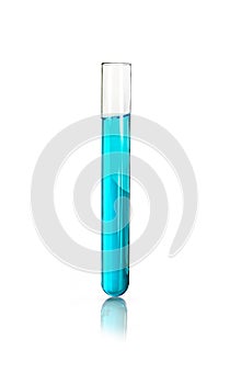 Medical test tube with blue liquid isolated on white photo