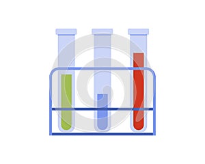 Medical test tubes with samples, blue, flasks with red and green liquid on rack