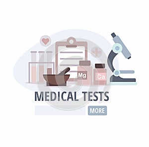 Medical tests icon. Microscope and glass flasks.