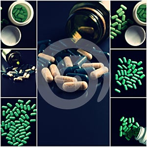 Medical theme collage. Green pills set of images shot with copyspace