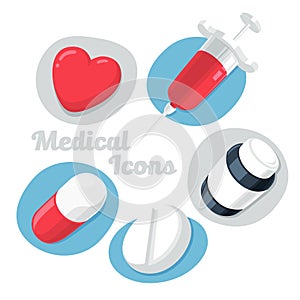 Medical Theme Icons Set Isolated on White Background. (Heart, Pills, Syrup, Syringe).