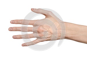 Medical theme: for a man's hand glued medical plaster first aid plaster advertising on a white background