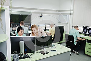 Medical theme. Observation room with a computer tomograph. Doctor advises the patient in the mri office at diagnostic center in