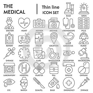 Medical thin line icon set, medicine symbols collection, vector sketches, logo illustrations, pharmacy signs linear