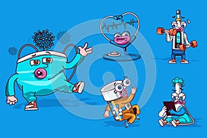 Medical tools concept with 3d cute cartoon characters set. Vector illustration