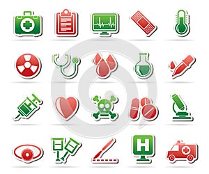 Medical tools and health care equipment icons