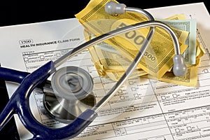 Medical tools and health insurance forms