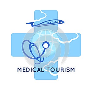 Medical tourism concept symbol background. Medical stethoscope on globe, airplane and cross as medical sign. Template logo,