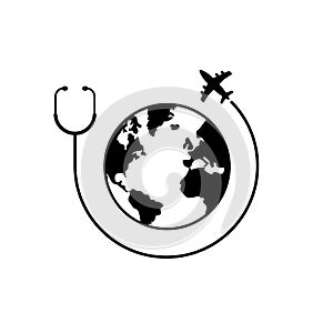 Medical tourism icon. Health care tourism concept. Globe with stethoscope and plane sign. Stock vector