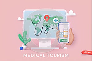 Medical tourism. Organization of medical tourism and treatment all over the world. 3D Web Vector Illustrations