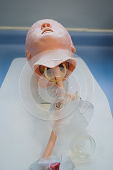 Medical training - intubation of a child sized manikin using an endotracheal tube and video laryngoscopes.