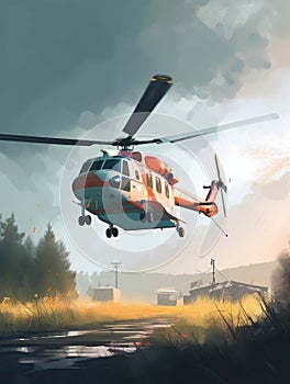 A medical transport helicopter evacuating ed from a disaster zone.. AI generation photo