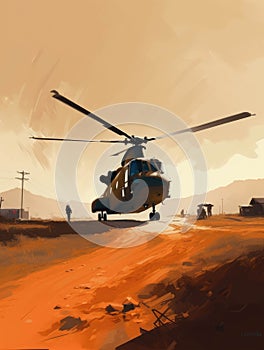 A medical transport helicopter evacuating ed from a disaster zone.. AI generation photo