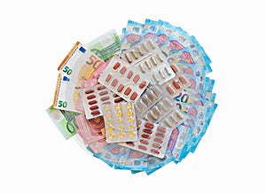 Medical treatment, healthcare high costs concept, pills on heap of euro banknotes