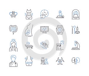 Medical treatment line icons collection. Surgery, Chemotherapy, Radiation, Therapy, Prescription, Medication, Diagnosis