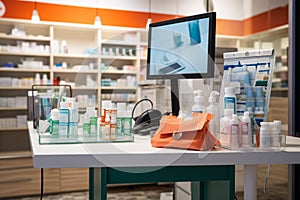 Medical treatment options displayed, drugstore counter ready for health seekers.