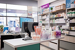 Medical treatment options displayed, drugstore counter ready for health seekers.