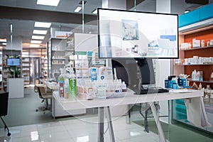 Medical treatment options displayed, drugstore counter ready for health seekers.